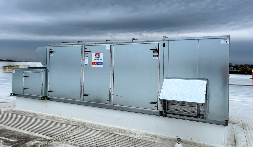 Image of the Tempeff Energy Recovery Ventilators (ERVs) on the rooftop of Derry Green Industrial.